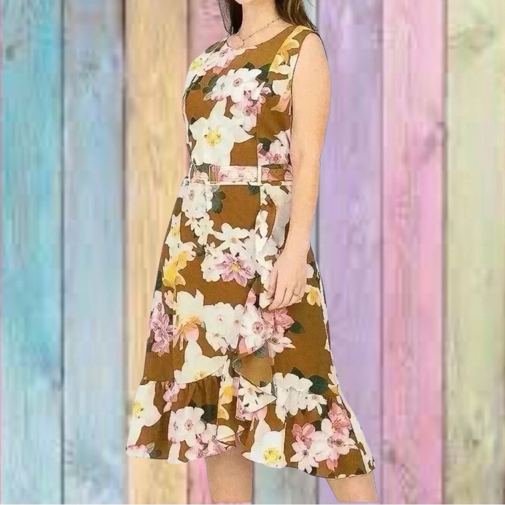 Calvin Klein Brown Floral Printed Ruffle Hem Belted Waist Lined Dress